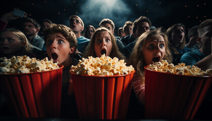 Público joven asustado en el cine viendo una película de terror y gritando.Chicas y chicos adolescentes viendo una película de terror con palomitas. - obrazy, fototapety, plakaty