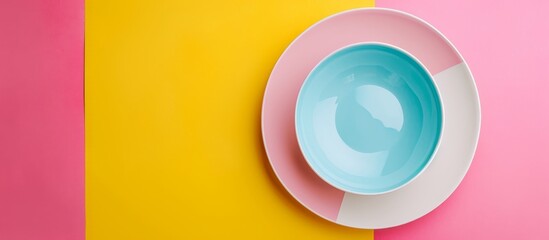 Beautiful bright pink and yellow background with an adorable small white and blue ceramic plate.