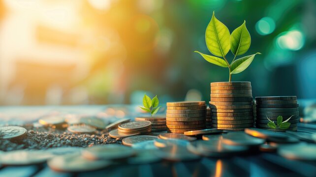 Coins and young plant on a table symbolizing financial growth