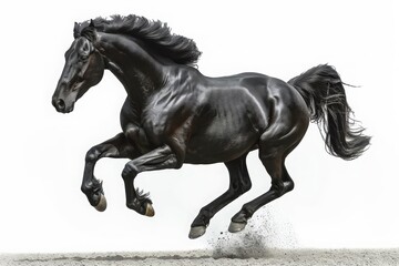 Obraz na płótnie Canvas Sleek Silhouette: A Striking Black Horse Captured in Full Sprint Against a Stark White Backdrop, Generative AI