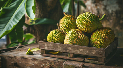 Fresh tropical jackfruit in a box on a wooden table - obrazy, fototapety, plakaty