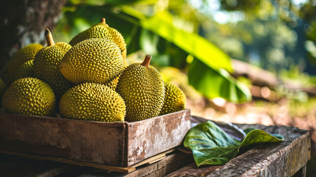 Fresh tropical jackfruit in a box on a wooden table