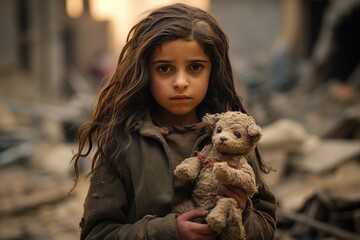 Homeless child girl with teddy bear in the street, Poverty concept, Ai Generated