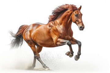 Naklejka premium Elegance in Motion: Majestic Brown Horse Galloping Gracefully on a Pristine White Background, Generative AI