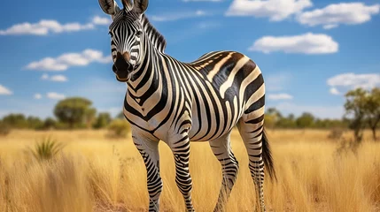 Fotobehang Graceful zebra standing in the vast african savannah with golden grasslands and a vibrant blue sky © Игорь Кляхин
