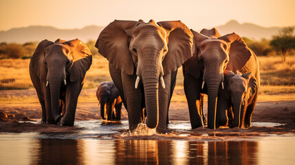 group of elephants at a watering hole, AI Generative.