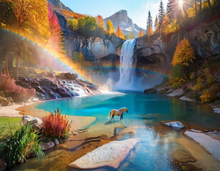 The image depicts a breathtaking landscape featuring a waterfall, autumn trees, and a horse near a serene pond with a rainbow in the background. The setting is an and picturesque landscape surrounded