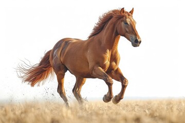 Obraz premium Elegance in Motion: Majestic Brown Horse Galloping Gracefully on a Pristine White Background, Generative AI