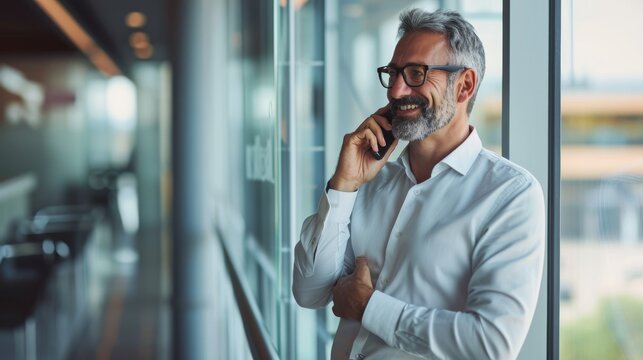 A smartly dressed businessman in a white shirt, exuding confidence and professionalism while smiling and engaging on his mobile phone at the bustling airport lounge