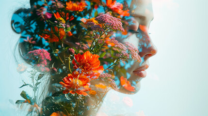 Side profile female face and a colorful bouquet of flowers, double exposure portrait 
