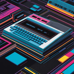 background. New illustrations that represent the unique era of the 1980s  illustration was influenced by the scientific and technological advances of the time, featuring restricted color palettes.