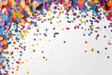 Colorful confetti scattered on a white background.