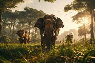 Enchanting scene. majestic asian elephants gracefully moving through sunlit green jungle