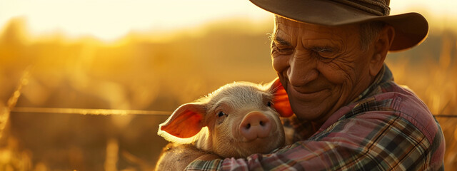 the farmer holds a little pig in his hands. - obrazy, fototapety, plakaty
