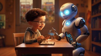 A cute little boy joyfully playing with robot friend at home, exploring wonders of technology