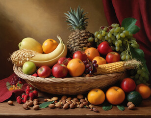 Obraz na płótnie Canvas The image depicts a still life of a variety of fruits and nuts arranged aesthetically on a wooden surface against a warm, dark background.
