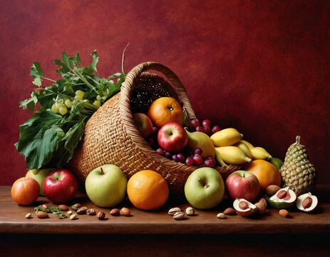 The image depicts a still life of a variety of fruits and nuts arranged aesthetically on a wooden surface against a warm, dark background.