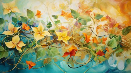 An abstract background with intertwining vines and lush foliage, adorned with vibrant blossoms and hints of gold - Generative AI