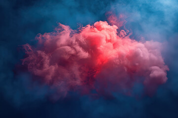 A cloud that is made of medical cotton wool and illuminated in red. The abstract background is the texture of the blue sky