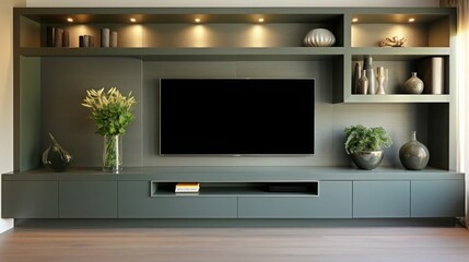 A modular wall in the living room for convenient placement of a TV and music center. Gray-green cabinets with lighting - obrazy, fototapety, plakaty