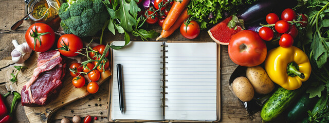 diet concept, weight loss plan notebook with vegetables top view mockup - obrazy, fototapety, plakaty