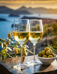 Fototapeta premium glasses of white wine and olives