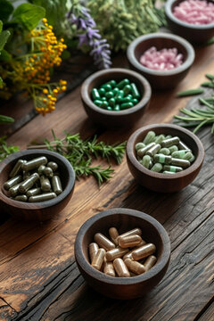 Herbal capsules from herbs on rustic wooden table with leaf for healthy lifestyle