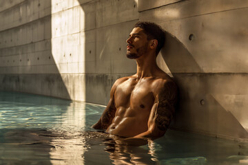 A tattooed, athletic man tranquilly sitting in a spa pool, basking in the warm sunlight near a concrete wall.