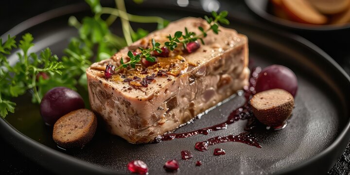 Terrine de Foie Gras Brilliance: French Duck Liver Delight. Immerse in the Culinary Symphony of Richness. Capture the Visual Feast in a Luxurious Setting with Soft Lighting. Showcase Intimate Details