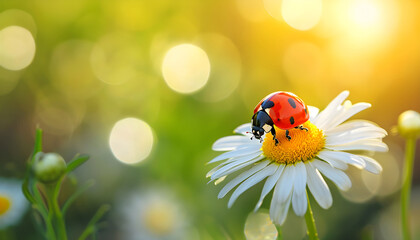 bug ladybug on the white chamomile flower summer day light on bl - obrazy, fototapety, plakaty