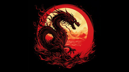 full body flowing dragon silhouetted red with some illustrative bold features
