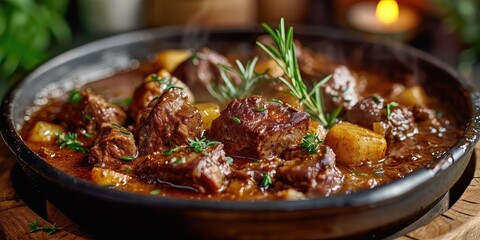 Dalmatinska PaÅ¡ticada Brilliance: Croatian Culinary Masterpiece. Dive into the Symphony of Slow-cooked Meat and Rich Sauce. Picture the Culinary Mastery in a Traditional Setting with Soft Lighting