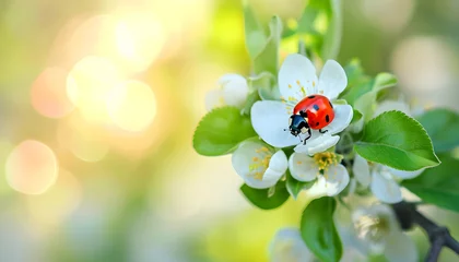 Fotobehang bug ladybug on the white apple flower summer day light on blurred nature background © Oleksiy