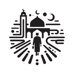 Muslim walking in front of mosque vector illustration Ramadan festival or EID day vector silhouette 