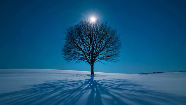 winter landscape on a sunny day with a single tree in the middle of the snow covered field and sun shining in the blue sky behind the tree with shadows moving on the snow. 