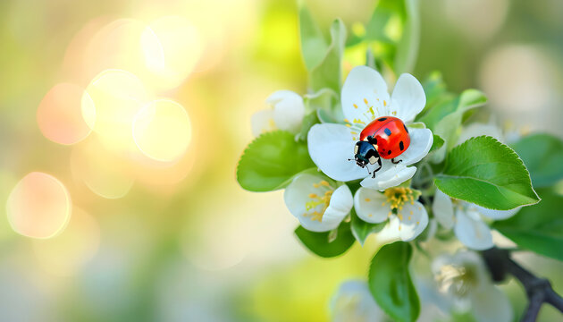 bug ladybug on the white apple flower summer day light on blurred nature background