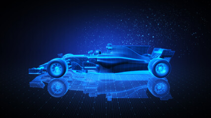 3D Wireframe Illustration of Formula One Car With Orange Blue Background