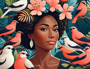 Modern Flat Design Portrait of Brawny Pacific Islander Woman Surrounded by Nature and Birds Gen AI - obrazy, fototapety, plakaty