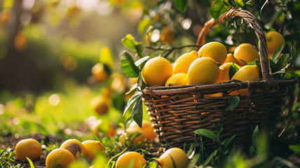 basket with fresh lemons in the garden