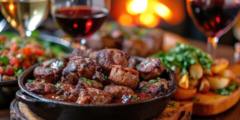 Kukurec Brilliance: Balkan Culinary Delight. Dive into the Symphony of Grilled Offal Goodness. Picture the Culinary Brilliance in a Rustic Setting with Soft Lighting