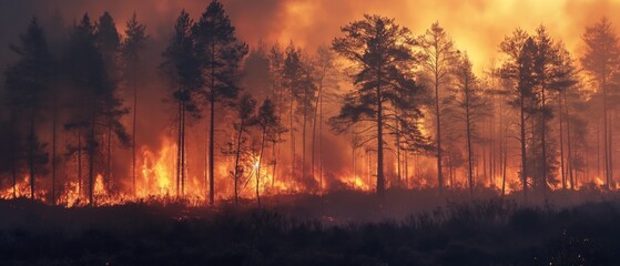 Forest fire with trees on fire.