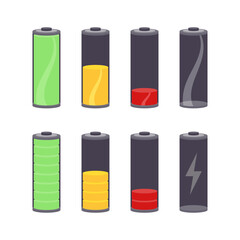 Batteries at different stages of charging vector graphic icon set