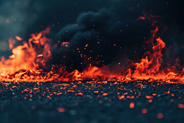 Red beautiful fire on the asphalt with black and orange smoke rising to the sky - obrazy, fototapety, plakaty