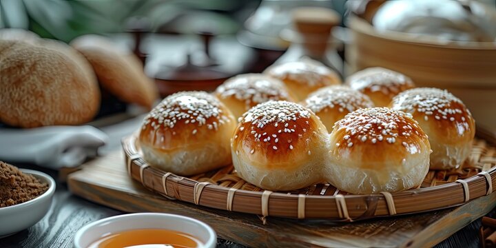 Cream Bun Elegance: Asian Bakery Bliss. Dive into the Symphony of Soft Dough and Luscious Cream. Picture the Culinary Elegance in a Cozy Bakery Setting with Soft Lighting
