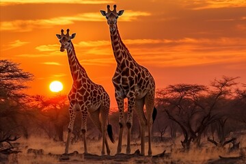 Fototapeta na wymiar Golden sunset. majestic giraffes silhouetted against the vast african savannah landscape