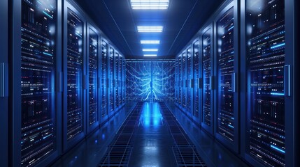 3D illustration banner of server room in data center full of telecommunication equipment, concept of big data storage and cloud hosting technology
