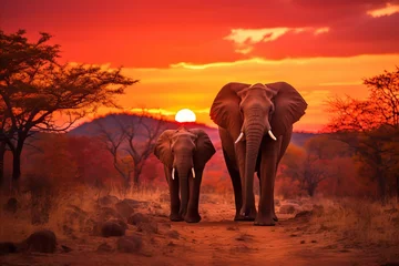 Fototapeten Stunning african sunset. majestic elephants gracefully roaming the golden savannah © Игорь Кляхин
