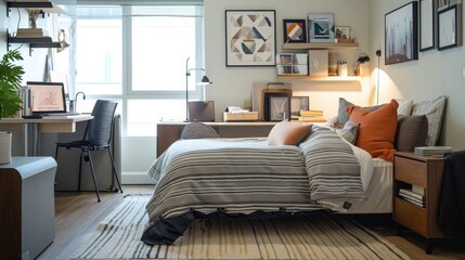 A neatly organized studio apartment featuring a comfortable bed with stylish bedding, a sleek workstation, and modern urban decor