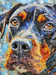 A multi-colored mosaic of a dog's face, with a close-up view of its eyes and nose.