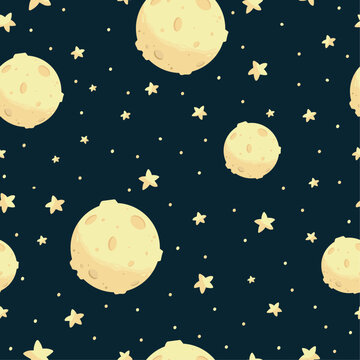 Hand drawn seampless vector pattern with full moon and stars in flat cartoon style. Dark blue background. Celestial bodies in outer space. Night sky for printing